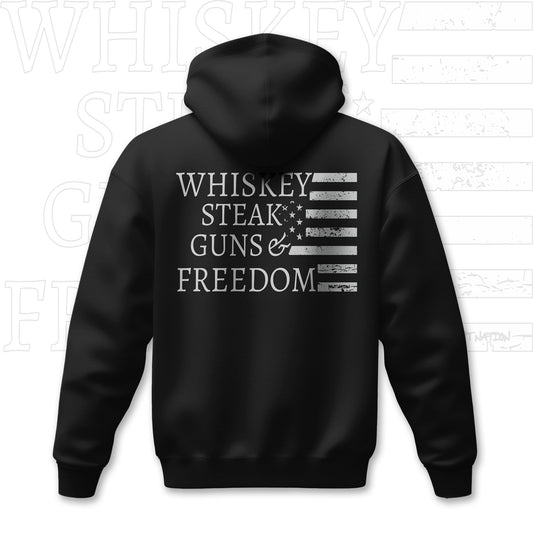 WHISKEY. STEAK. GUNS. FREEDOM.  Men’s Premium Hoodie – Black