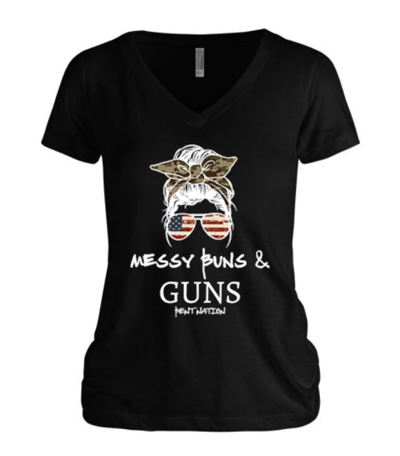 Messy Buns & Guns Women's V-Neck Camo